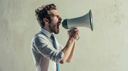 Man is shouting into a megaphone