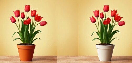  two images of a potted plant with red tulips in it and a white pot with brown soil on a table with a yellow wall in the background.