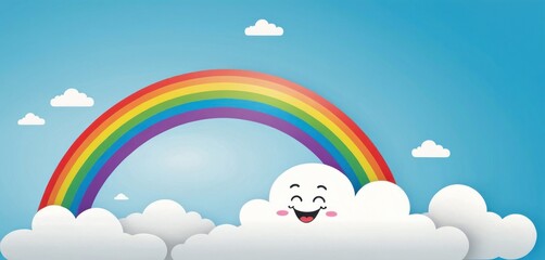  a rainbow in the sky with a cloud and a smiling cloud with a smiley face and a rainbow in the sky with clouds and a blue sky with white clouds.