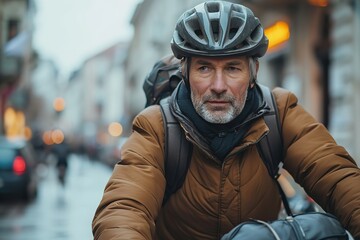 Middle aged man cycling in road with a big copy space, Generative AI.