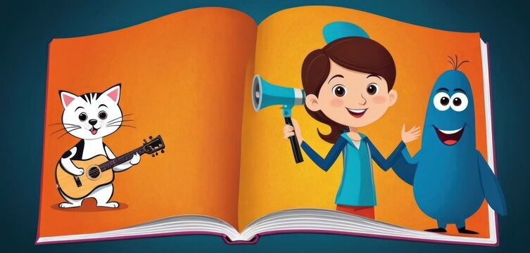  an open book with an image of a woman holding a megaphone and a cartoon character holding a guitar and a blue monster next to a woman with a megaphone.