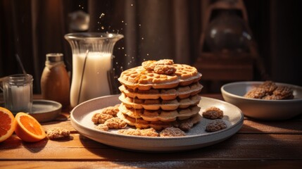 cookies and waffles on a plate drizzled with syrup or honey with a carafe of milk or a cup of coffee, creating a laconic and aesthetically pleasing breakfast look - obrazy, fototapety, plakaty