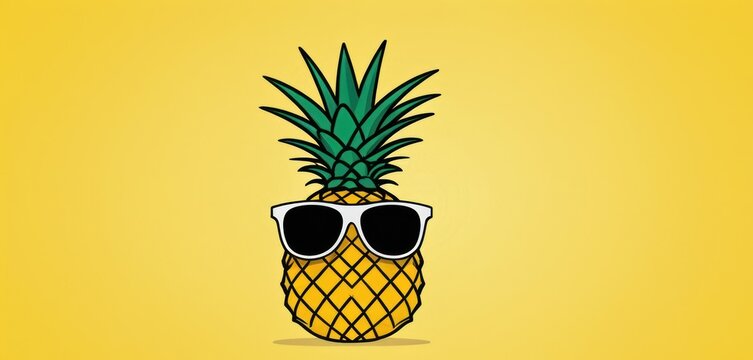 a pineapple with sunglasses on it's head and a pair of sunglasses on it's head, on a yellow background, with a black outline of the image of a pineapple.