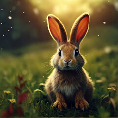 Fototapeta premium Rabbit is sitting in field of grass and flowers