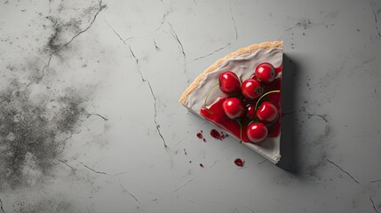 a piece of cherry pie on a concrete background, keeping the elements clean, uncluttered and emphasizing the simplicity of the design in a modern minimalist style