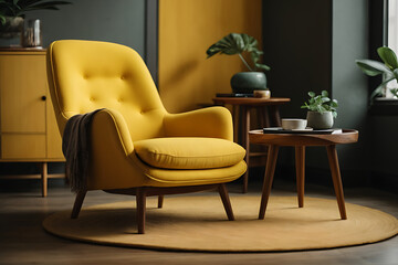 Cute yellow lounge chair near the round wooden coffee table and grey design.