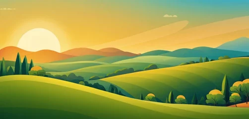 Poster  a painting of a green landscape with hills and trees with the sun rising over the horizon and hills with trees in the foreground, and a bird flying in the foreground. © Jevjenijs