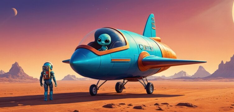  a man standing in front of a blue plane in the middle of a desert with mountains in the background and an alien looking man standing next to the plane in the foreground.