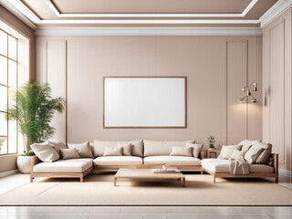 Creative interior concept. Large empty wall living room with blank television TV frame furniture deco. Banner template for product presentation design. Mock-up 3D rendering.