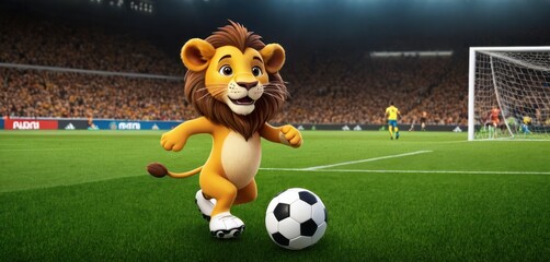  a cartoon lion kicking a soccer ball on a soccer field with a stadium full of people in the stands and a soccer field full of people in the stands in the stands. - obrazy, fototapety, plakaty