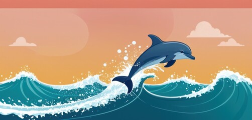  a dolphin jumping out of the water in front of an orange and blue sky with clouds and a pink and orange sky with clouds above it is a large wave.