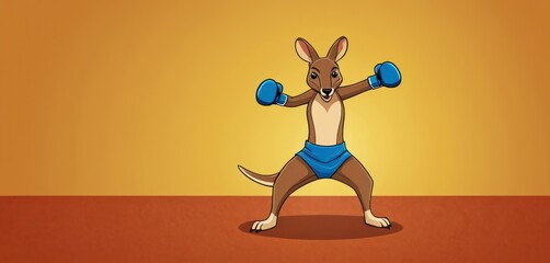  a kangaroo wearing a blue boxer shorts and a pair of blue boxing gloves stands in front of a yellow background and holds a pair of blue boxing gloves in his hands. - obrazy, fototapety, plakaty