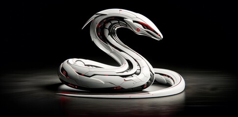 White Polished Robotic Snake, Poised Elegantly With Red Highlights -  Cutting-Edge Technology Conceptual Artwork