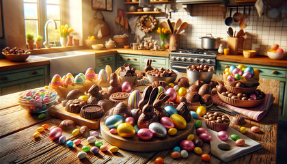 Cuisine avec œufs en chocolat, lapin en chocolat, peint et coloré pour les fêtes de paques image idéale pour illustrer et célébrer paques	 - obrazy, fototapety, plakaty