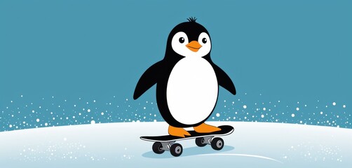  a cartoon penguin riding a skateboard on a snow covered ground with snow flakes on the ground and a blue sky with white snow flakes in the background.
