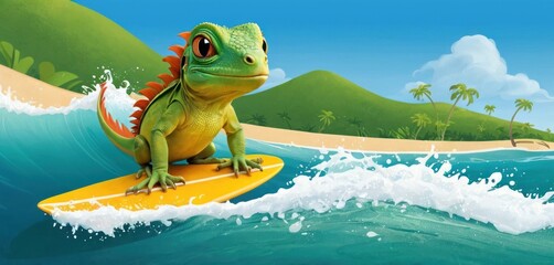  a lizard on a surfboard riding a wave in the ocean with a mountain in the background and a beach in the foreground with a wave in the foreground.