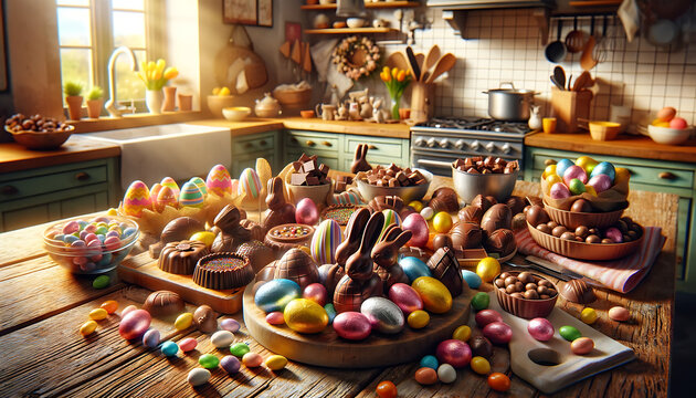 Cuisine avec œufs en chocolat, lapin en chocolat, peint et coloré pour les fêtes de paques image idéale pour illustrer et célébrer paques	