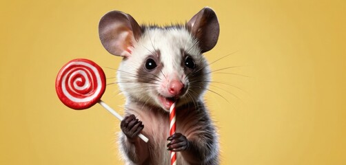  a rat holding a lollipop and a lollipop in it's mouth while standing on its hind legs with it's paws on a yellow background.