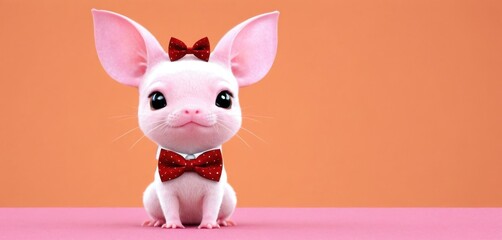  a small white mouse with a red bow tie sitting on top of a pink surface next to an orange and pink background and a pink wall behind it is a pink background.