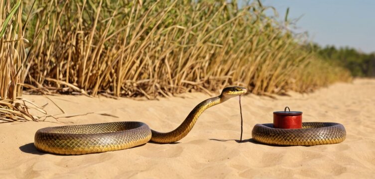  a snake on the sand with a can of paint in it's mouth and another snake on the ground with a can of paint in it's mouth.