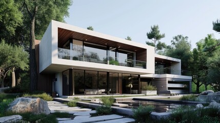 Modern two-story house with large windows, balcony, garden and lush green trees.