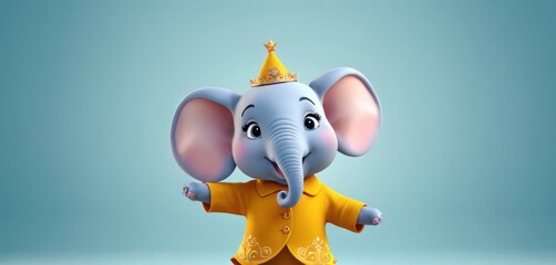  an elephant with a crown on it's head is wearing a yellow shirt and a yellow shirt with a gold crown on it's head is standing in front of a blue background.