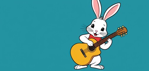  a white rabbit holding a guitar and wearing a red t - shirt with a guitar in it's lap, with a blue background of a blue sky and white rabbit holding a guitar.