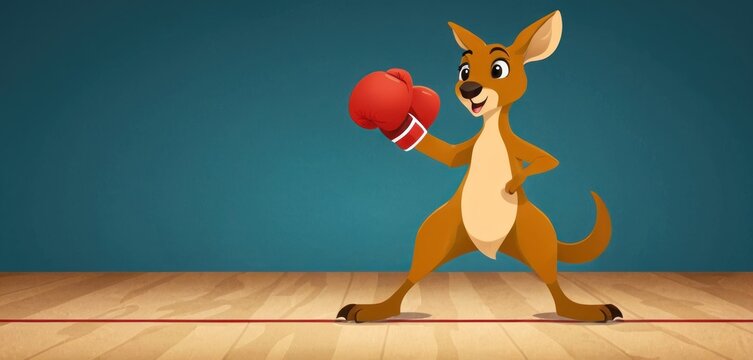  a cartoon kangaroo with a red boxing glove on a wooden floor with a blue wall in the background and a wooden floor with a red boxing glove in the foreground.