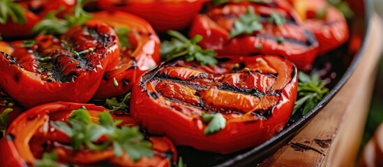 Grilled red pepper slices, street food closeup. Traditional grilled vegetables on the town picnic.