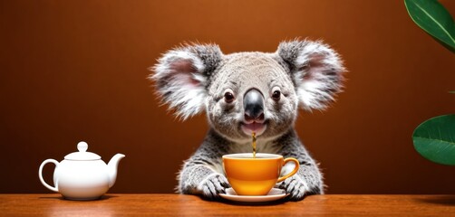  a koala sitting at a table with a cup of tea in front of it and a teapot to the side of it with a teapot in front of it.