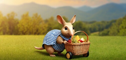  a small rat carrying a basket of fruit in it's paws on a green grass covered field with mountains in the backgrouveet and trees in the background.