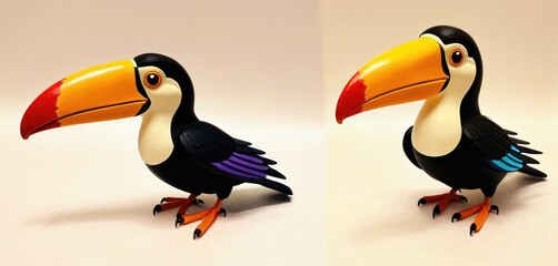  two images of a toucan bird on a white background and a black and orange toucan bird on a white background, both of the same image.