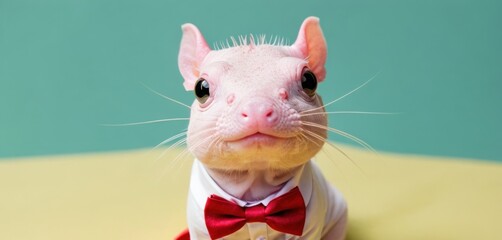  a close up of a cat wearing a red bow tie and a white shirt with a red bow tie on it's chest and a green wall in the background.