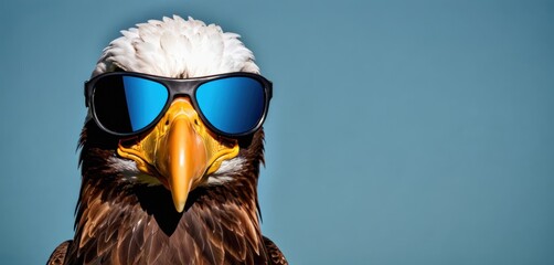  a close up of a bird with sunglasses on it's head and an eagle's head with a bald eagle's head and blue sky in the background.