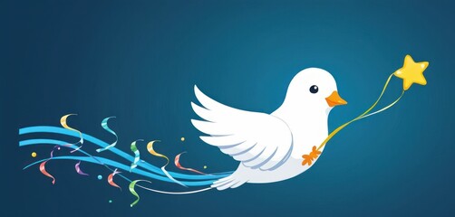  a white bird flying through the air with a star in it's beak and streamers of streamers coming out of it's wings and a blue background.