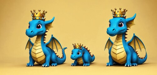  a blue and gold dragon with a crown sitting next to a smaller blue dragon with a smaller blue dragon sitting next to it's head on a yellow background.