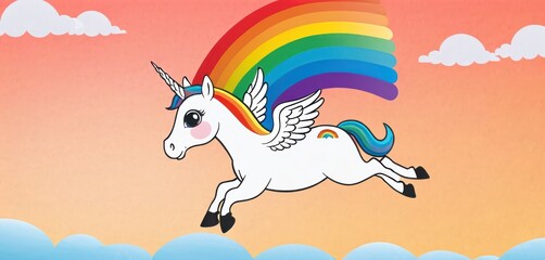  a picture of a unicorn flying in the sky with a rainbow in the back ground and clouds in the back ground and a rainbow in the middle of the sky.