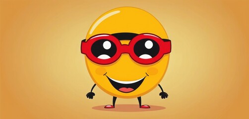  a yellow lemon wearing red sunglasses and a pair of red glasses on it's face, standing in front of an orange background with a yellow background that says happy.