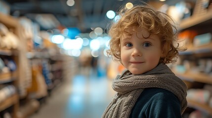 Portrait of a toddler in super shop with a big copy space, Generative AI.