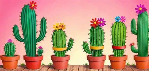  a group of cactus plants sitting on top of a wooden floor in front of a pink wall and a wooden floor in front of a row of potted cacti.