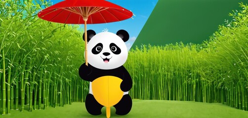 Obraz na płótnie Canvas a panda bear holding a red umbrella standing in front of a field of green grass and a bamboo tree with a blue sky in the back of the panda bear.
