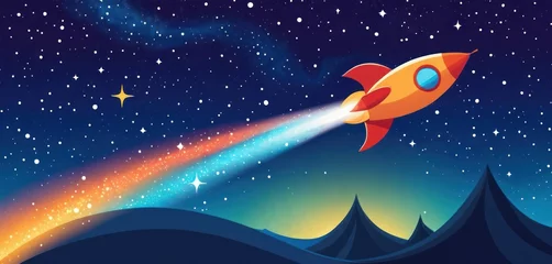 Fotobehang  an illustration of a rocket flying through the night sky with stars and a shooting star in the middle of the night, with a bright blue sky and white background with stars. © Jevjenijs