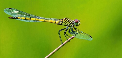  a yellow and black dragonfly sitting on top of a green leafy plant with it's wings spread wide open and eyes wide open, while resting on a twig.