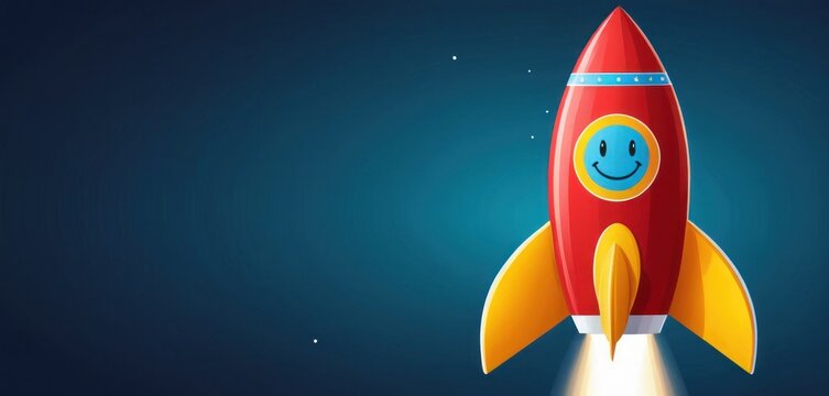  a red and yellow rocket with a smiley face on it's side, flying through the air with a blue sky and stars behind it is a blue background.