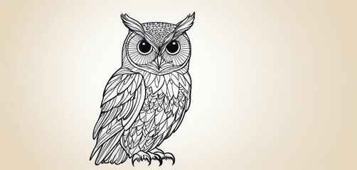  a black and white drawing of an owl sitting on a branch with its eyes wide open and one eye wide open, on a beige background with a white background.