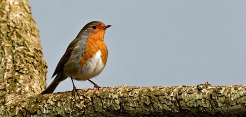  a close up of a bird on a tree branch with a blue sky in the background of the picture and a tree trunk in the foreground.