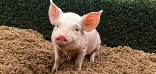  a small pig sitting on top of a pile of dirt next to a green grass covered wall in a fenced in area with grass and bushes in the background.
