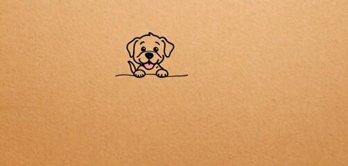  a drawing of a dog sitting on top of a piece of cardboard with a tongue sticking out of it's mouth, on a brown background with a black outline.