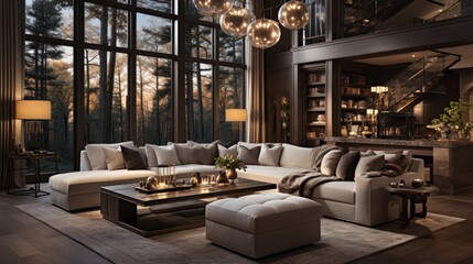 home interior design concept with cosy living room design by farm house scheme concept living room with wooden decorate light from window sofa and comfort ambient atmoshere home design - obrazy, fototapety, plakaty