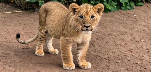  a close up of a small animal on a dirt ground with bushes in the back ground and bushes in the back ground and bushes in front of the back ground.